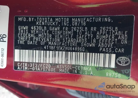 2017 Toyota Camry Le from USA, damaged, VIN 4T1BF1FK7HU648960